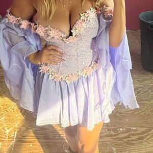 Dolls Kill Lavender Enchanted Shimmer Off-Shoulder Dress with Floral Accents